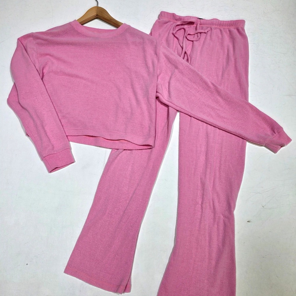 Suzette Collection Lounge Set Women S Pink Knit Crop Top Wide Leg Pants Y2K Cozy